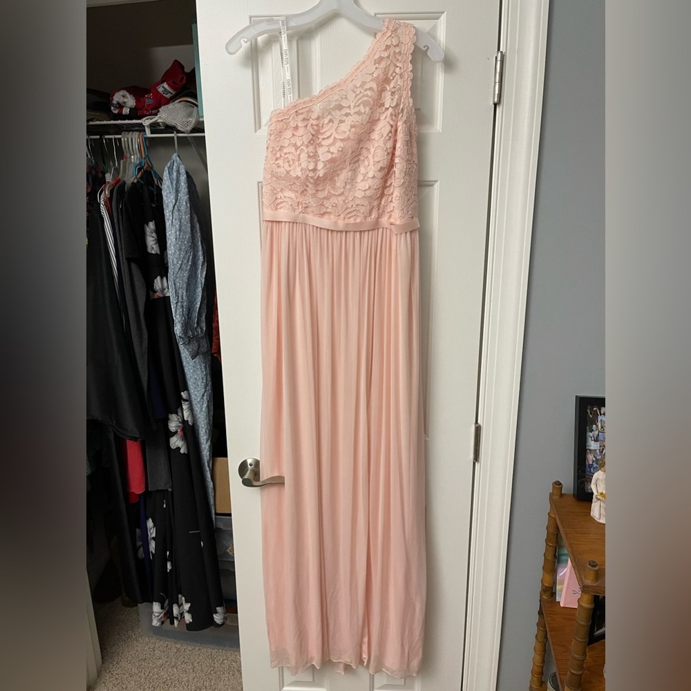 David’s Bridal petal one shoulder bridesmaid dress